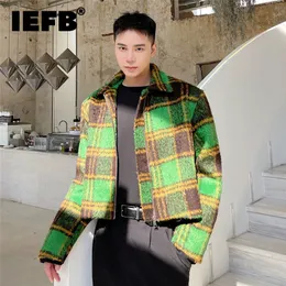 IEFB 남자 가을 겨울 모직 무모한 격자 무늬 짧은 재킷 빈티지 패션 옷깃 지핑 코트 긴 슬리브 컬러 블로킹 의류