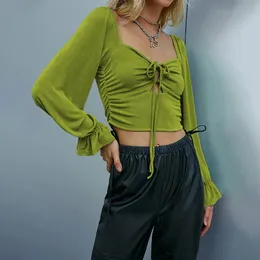 여자 티셔츠 섹시한 여자 단색 티셔츠 중공 수축 디자인 붕대 장식 v- 넥 퍼프 긴 소매 스프링 가을 슬림 풀오버 탑