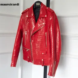 Mauroicardi Spring Red Pattern Faux Leather Riker Jacket Studk Long Sleeve Plus Size Designer Men Clothing 4XL 5XL 220816