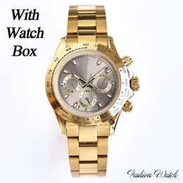 Gold Strap Grey Dial Designer Mens relógios de movimento automático Relógio resistente à água de alta qualidade Esporte Sport Luxo Wristwatches Chronógrafo com caixa de vigilância