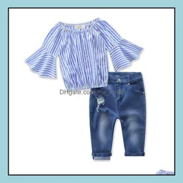 Set di abbigliamento Ins Summer Girls 2Pcs Suit Baby Kids Slash Neck Flare Sleeve Stripe Tops Camicetta e jeans Abiti per bambini Panno Mxhome Dhmga