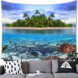 Tropical Ocean Landscape Wall Carpet Coconut Palm Beach Shell Hanging Carpets For Living Room Bedroom Background Cloth Tapiz J220804