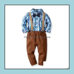 Clothing Sets Spring Baby Boys Gentleman Clothes Set Kids Bowtie Long Sleeve Plaid Shirt And Suspender Boy Children 2Pcs Outfi Mxhome Dhqvd