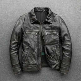 Guseemio Vintage Men Leather Jackets Cowhide Motorcykel äkta lädermotorcyklerkläder nödläder läderrock 220819