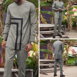 Африканская одежда африканская мужская мужская одежда Set Top Pant 2 Piece Set Set Grey Fashion Thermoprint African Suits for Men рубашка с брюками 220819