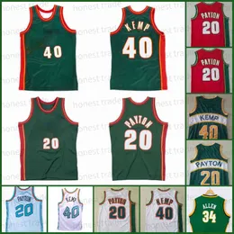 Vintage Basketball Gary #20 Payton Jersey Shaw 40 Kemp żółty zielony biały czerwony szwy koszulki najwyższej jakości