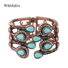 Pulseira designer de pulseira étnica de pedra azul -paval de pavão pulseiras largas para mulheres vintgae banglles indianos jóias boêmias de ouro antigo