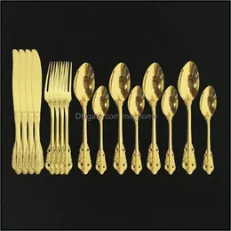 Geschirrsets 16pcs Gold Tableware Edelstahl Besteck Set Gabeln Messer Spoons Küche Abendessen Gabel Löffel Messer Drop Deli Mxhome Dhroq