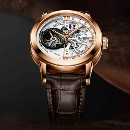 Oblvlo Retro Men Skeleton Automatic Watch Mechanical Casual Fashion Calfskin Strap Sapphire Waterproof Rose Gold Clock 42mm Vm-s