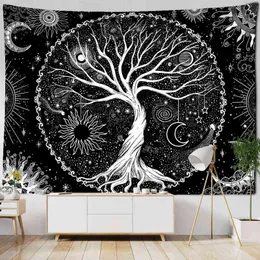 Mystic Witchcraft Black And White Tree Of Life Carpet Wall Hanging Psychedelic Hippie Mandala Home Decor J220804