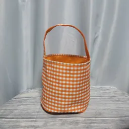Classic Gingham Halloween Buckets Party Supplies Microfiber Orange Black Yarn Checked Halloween-Tote Bag Halloween-Candy Baskets Trick or Treat Bags DOMIL9036