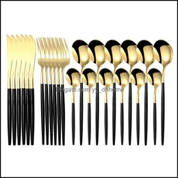 Dinnerware Sets 24Pcs/Set Stainless Steel Dinner Black Gold Set Knife Fork Coffee Spoon Cutlery Kitchen Tableware Sierware D Yydhhome Dhzoe