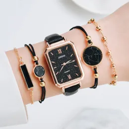 손목 시계 5pcs 세트 시계 여성 패션 스퀘어 녹색 다이얼 가죽 레이디 브레이슬릿 쿼츠 손목 시계 검은 시계 Wristwatches