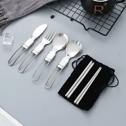 5Pcs/Set Outdoor Tableware Dinnerware Portable Stainless Steel Spoon Fork Steak Knife Chopsticks Set Travel Cutlery YF0099