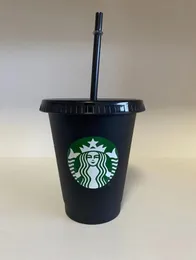 Canecas de plástico Starbucks 16 oz/473 ml Copo reutilizável preto para beber fundo plano Pilar tampa copo de canudo