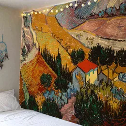 Wandgemälde, abstraktes Van-Gogh-Kunstmuster, ländliches Feld, Landschaft, Haus, Baum, Hippie, Boho, zum Aufhängen, Schlafzimmer, Rom, Dekor, J220804