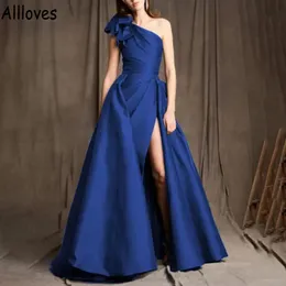 Overskirts Royal Blue One Shouder Evening Prom -klänningar med Bow Sexig Split Elegant Satin Formella klänningar En linje Satin Ruched Arabic Aso Ebi Special Endan Dress CL0906