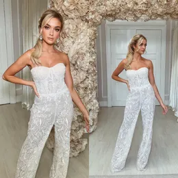 Nuove tute Abito da sposa Sweetheart Applicazioni di pizzo Pantaloni con perline Beach Boho Abiti da sposa vestido de novia