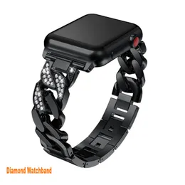 Luxury Diamond desginer Smart Straps for Apple watch 7 6 5 4 3 Black Ceramic WatchBand Stainless Steel Watches Bracelets Deployment Clasp Metal Watch Strap Men Women