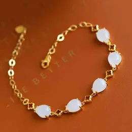 Bangle Designer Ancient Method Gold Craft Inlaid Natural Hetian Jade Water Drop Geometric Bracelet Retro Exquisite Elegant Ladies Silver Jewelry