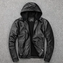 メンズフード付きレザージャケット100本物のシープスキンモーターサイクルブラックコート男性フーディーズスプリングハットレザージャケットメン220819