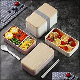 Geschirr-Sets Doppelschichten Lunchbox mit Löffel Mode Tragbare Mikrowelle Bento Gesunde Kunststoff-Aufbewahrungsbehälter Lunchb Yydhhome Dhhgd