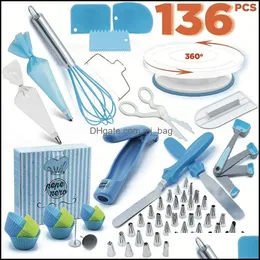 Baking Pastry Tools 136-Piece Cake Turntable Set Decoration Mold Decorating Mouth Tool With Pi Bag Nozzle Reusable Drop Deliv Mjbag Dhxfx