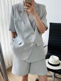 Tute da donna Summer Office Lady Set da due pezzi Blazer con bottoni a maniche corte con scollo a V e vita alta Pantaloncini larghi larghi da donna Completi da donna