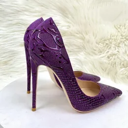 2023 新ファッション紫ヘビ柄ハイヒールの靴 Fashiom ブランド赤底 12 センチメートル薄型ヒール尖ったパンプスソフトレザー赤底小剣浅いドレスの女性の靴