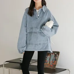 Kvinnans jackor 2022 Spring Autumn Loose Overdimensionerad denimjacka Kvinnor Korean Fashion Large Pocket Pullover Reta Retro Top