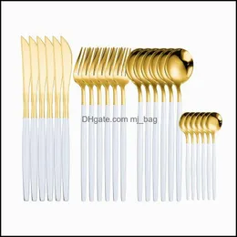 Set di stoviglie Set di posate in acciaio inossidabile Set da tavola in oro bianco Forchetta Cucchiaio 16 pezzi Cucchiai Coltelli Consegna goccia 2021 Casa Mjbag Dhc70