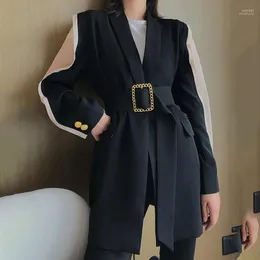 Estilista da moda elegante casaco feminino com cinto preto retalhos metal botão dourado moda jaqueta feminina outwear1