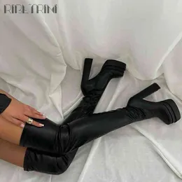 Boot Sexy Ladie Platform Brand Elegant Long Lår högt för kvinnor Goth Stretch Elastic Thick Heel Over The Kne 220805