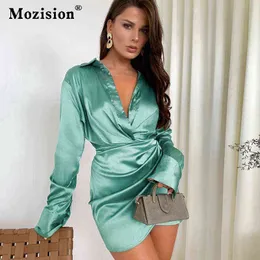 Mozision Satin Shats Dress Women Autumn Solid Turnown Collarシングルブレスト長袖エレガントなRuched Mini Dress Streetwear T220819