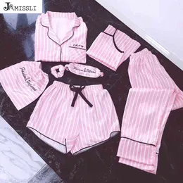 Jrmissli Pajamas Женщины 7 штук розовая пижама сета Satin Silk Sexy Lingerie Home Wear Sepwear Pajama Set Set Pijama женщина 22H0822