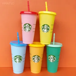 Mermaid Goddess Starbucks 24oz/710ml أكواب بلاستيكية Kraflo tumbler قابلة لإعادة الاستخدام الشرب الشرب المسطح القاع على شكل عمود غطاء الكؤوس القش القش.