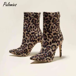 Boot Women Ankle Boots Classics Short Sexy Solid Pointed Toe Square 11cm High Heels Faux Suede Leopard Casual Shoes for 1203