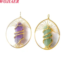 Tree of Life Natural Stone Gold Color Wire Wrapped Crystal Pendant f￶r smycken Making Halsband 10st/Lot Wholesale Bo966