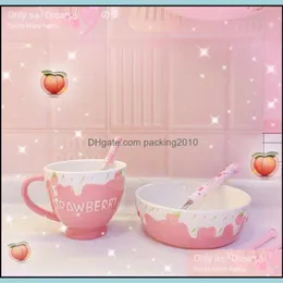 Bowls 1Pc Pink Stberry Pattern Relief Ceramic Bowl Rice Soup Fruit Salad Tableware Sweet Cup Coffee Mug Drop Delivery 202 Packing2010 Dhkca