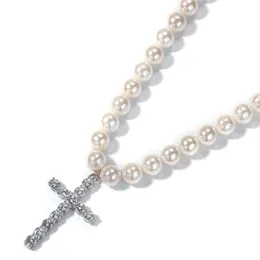 Простая и стильная 8-10-мм жемчужное ожерелье хип-хоп тренд мужские украшения дикий CZ Diamond Cross Подвеска 311U