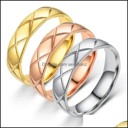 Band Rings Stainless Steel Rhombus Grid Ring Pattern X Coco Wavy Geometric Couple Jewelry Men Woman Rose Gold Sier Color Siz Sexyhanz Dhovx