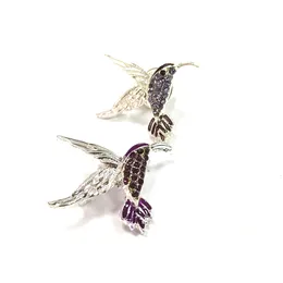 10pcs /Lot Vintage Silver Fild Tone Small Purple Hummingbird Brouches Rhinestone Crystal Animal Bird Brooch for Women