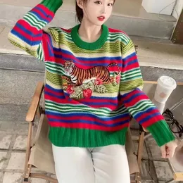 womens sweater designer Sweaters women round collar Pullover Sweater Autumn and winter new colorful stripe embroidery tiger Knitted Top loosesweater coat