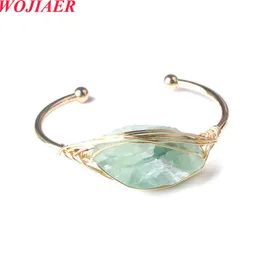 Wojiaer naturalne kamienie proste geometryczne mankiety otwierające bransoletki z Gold Color Wire Bracelets Bracelets żeńska biżuteria BO962