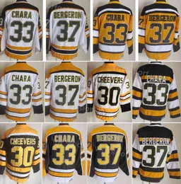 Uomo Hockey Vintage Retro 33 Zdeno Chara Jersey 37 Patrice Bergeron 30 Gerry Cheevers 77 Ray Bourque Stitching Home Nero Giallo Bianco 75