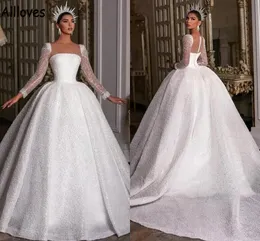 Stunning Ball Gown Wedding Dresses with Long Sleeves Major Beading Sequined Puff Princess Formal Church Bridal Dress Dubai Arabic Brides Vestidos De Novia CL0919