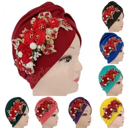 Luxury Flower Beaded Top Turban Hats Elegant African Muslim Women Party Wedding Turban Beanies Cap Headwear Fashion