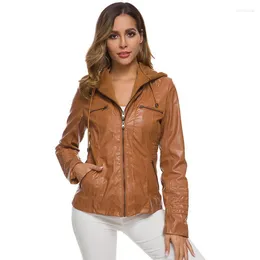 Women's Fur & Faux Autumn Women Solid PU Leather Jacket 2022 Slim Hooded Plus Size Female Coats Korean Style Casual Outwear Cazadora Cuero M