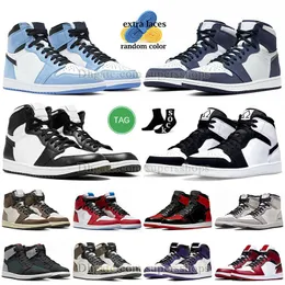 Jumpman 1 1s Mens 농구화 크기 13 University Blue Midnight Navy Dark Mocha Black White Panda Light Smoke Grey Bred 특허 스웨이드 트위스트 운동화 트레이너