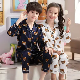 Summer/SpringToddler Baby Boys Girls Pajamas Set Cartton Bear Printed Satin Silk Tops with Pants Sleepwear Children's Clothing Sets